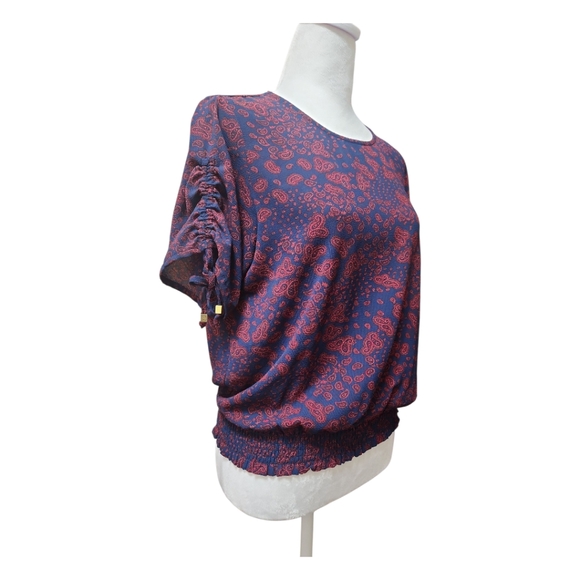 Michael Kors Paisley Blue and Red Short Sleeve Blouse Smocked Hem Women's Size M - Picture 3 of 12